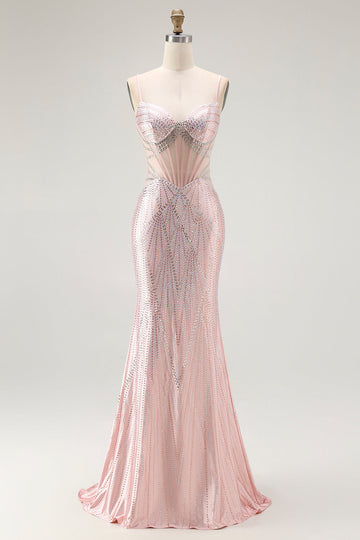Blush Mermaid Corset Beaded Long Prom Dress with Lace Up Back